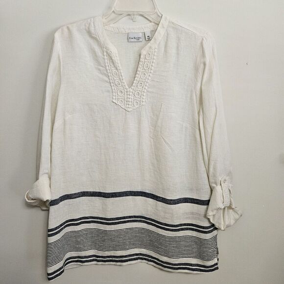 Kim Rogers Sz PM Ivory Linen Blend Blue Stripes Roll Tab Sleeve V-Neck Blouse - Picture 1 of 7